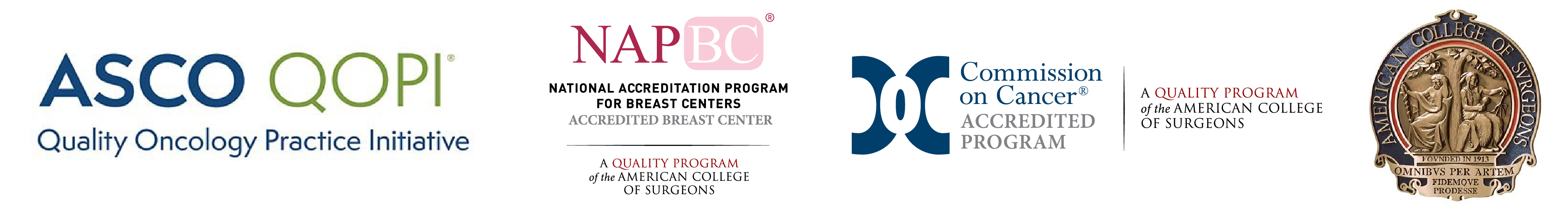 ASCO Quality Oncology Practice Initiative, National Accreditation Program for Breast Centers, Commission on Cancer, and American College of Surgeons accreditation logos
