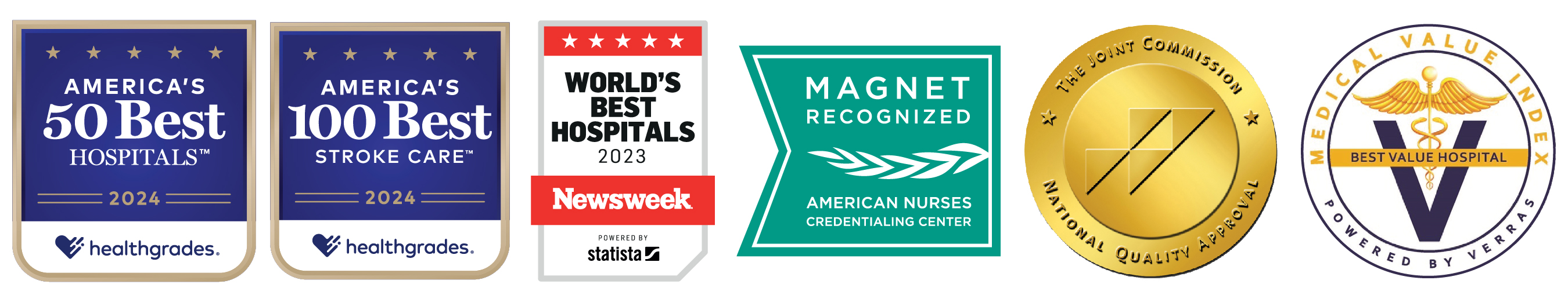 Healthgrades America's 50 Best Hospitals 2024, Healthgrades America's 100 Best Hospitals for Stroke Care 2024, Newsweek World's Best Hospitals 2023, Magnet Reconized by American Nurses Credentialing Center, The Joint Commission National Quality Approval Badge, and Verras Best Value Hospital