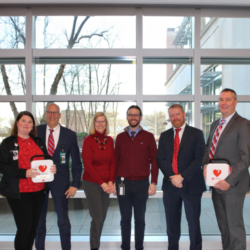 HeartSAFE AED donation for The Friends of Reading Hospital - From left to right: Chelsie Ober, Manager of Emergency Preparedness and EMS Outreach; Charles F. Barbera, MD, President and CEO of Reading Hospital, Lillian Murphy, Scheduling Coordinator, The Bone and Joint Care Center; Stephen Longenecker Jr., Practice Manager, The Bone and Joint Care Center; Tim Eckert, Account Executive, MADJ Marketing; Kevin Bezler, Founder, President, and CEO, MADJ Marketing