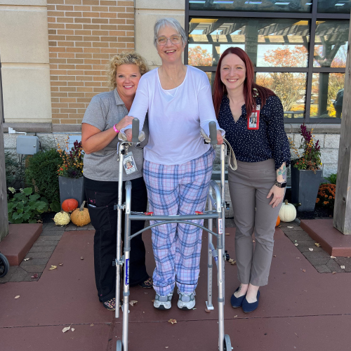 Rebecca Orischak, Elizabeth Kase, and Nicole Hartman pose for a photo outside Reading Hospital Rehabilitation at Wyomissing.