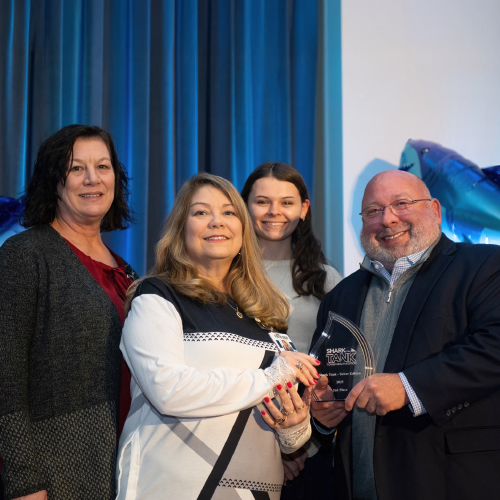 Second place winners Kellie Schuerger, MSN, RN, NPD-BC nursing professional development manager, Jeanne Matthews, MSN, RN, nurse professional development practitioner and Madalyn Hunsberger, Nursing professional development practitioner, BSN, RN; and Michael Stern, Tower Health president and COO at Shark Tank: Tower Health Edition 2025