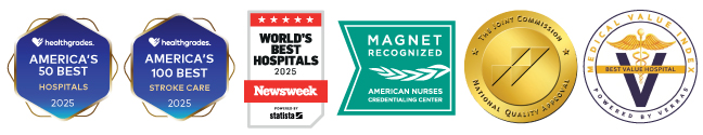 Healthgrades America's 50 Best Hospitals 2025, Healthgrades America's 100 Best Hospitals for Stroke Care 2025, Newsweek World's Best Hospitals 2025, Magnet Recognized by American Nurses Credentialing Center, The Joint Commission National Quality Approval Badge, and Verras Best Value Hospital