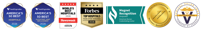 Healthgrades America's 50 Best Hospitals 2026 badge, Healthgrades America's 50 Best Outpatient Joint Replacement 2026 badge, Newsweek World's Best Hospitals 2026 badge, Forbes Top Hospitals Four-Star Honoree 2026 badge, Magnet Recognized by American Nurses Credentialing Center badge, The Joint Commission National Quality Approval badge, and Verras Best Value Hospital badge