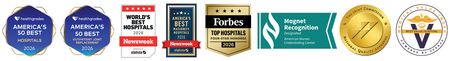 Healthgrades America's 50 Best Hospitals 2026 badge, Healthgrades America's 50 Best Outpatient Joint Replacement 2026 badge, Newsweek World's Best Hospitals 2026 badge, America’s Best Children’s Hospitals 2026 by Newsweek badge, Forbes Top Hospitals Four-Star Honoree 2026 badge, Magnet Recognized by American Nurses Credentialing Center badge, The Joint Commission National Quality Approval badge, and Verras Best Value Hospital badge