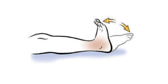 A person's leg is outstretched with foot seen raised and pointing upward - alternating with pointing the toes straight out. 