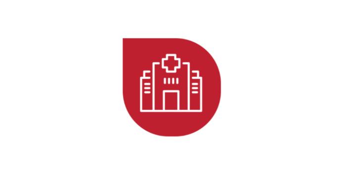 Blood donation graphic in red and white colors, showcasing a hospital building design in the middle.